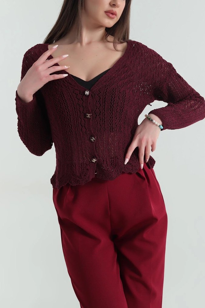 Bordo V Yaka Örgü Hırka - Görsel 2