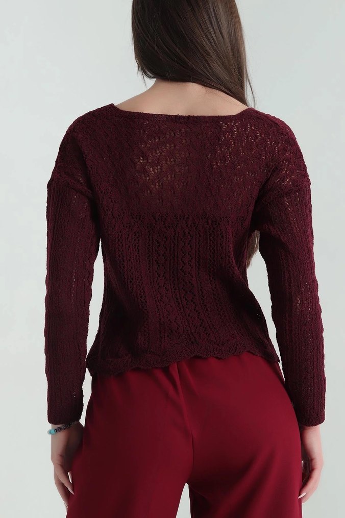 Bordo V Yaka Örgü Hırka - Görsel 4