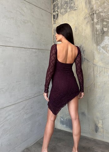 Diğer Bordo Dantel Detaylı Uzun Kollu Mini Elbise