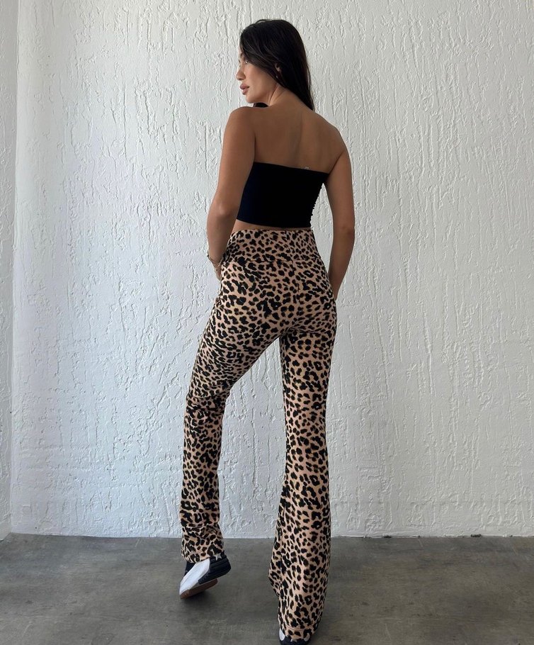 Kahverengi Leopar Desenli Kemerli İspanyol Paça Pantolon - Görsel 3