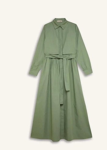 Kemerli Uzun Kollu Haki Elbise - Görsel 5