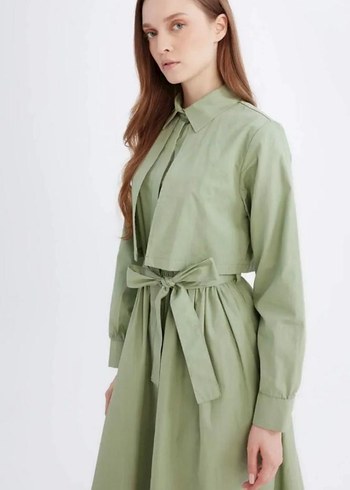 Kemerli Uzun Kollu Haki Elbise - Görsel 3