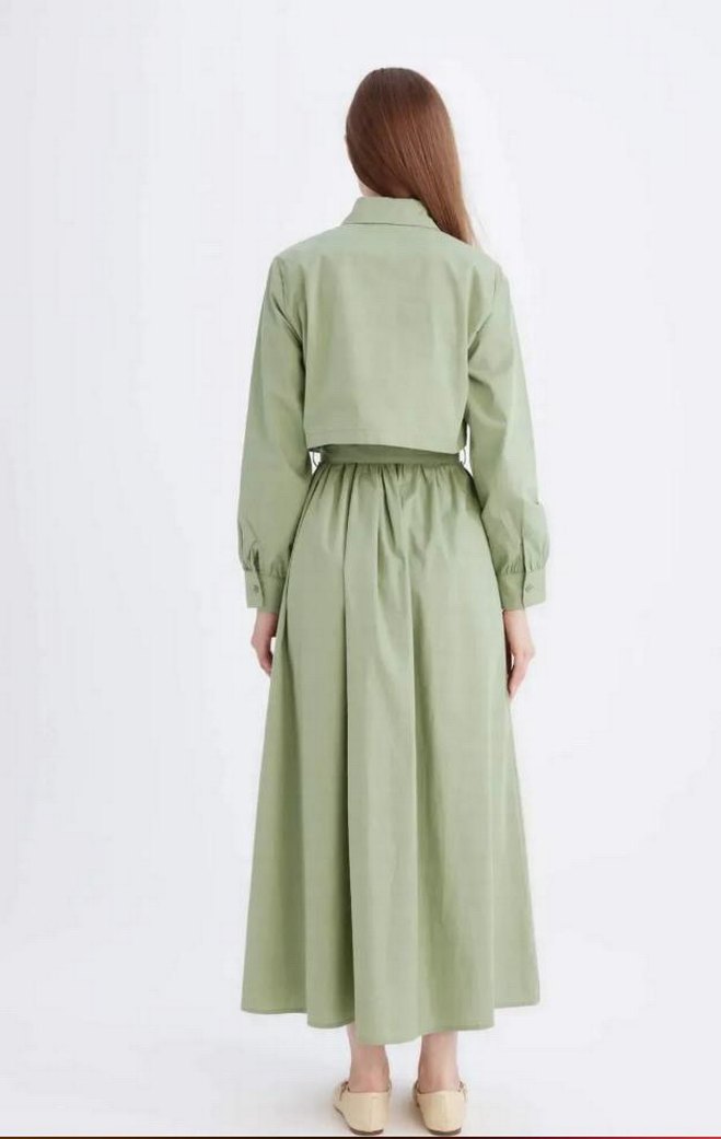 Kemerli Uzun Kollu Haki Elbise - Görsel 4