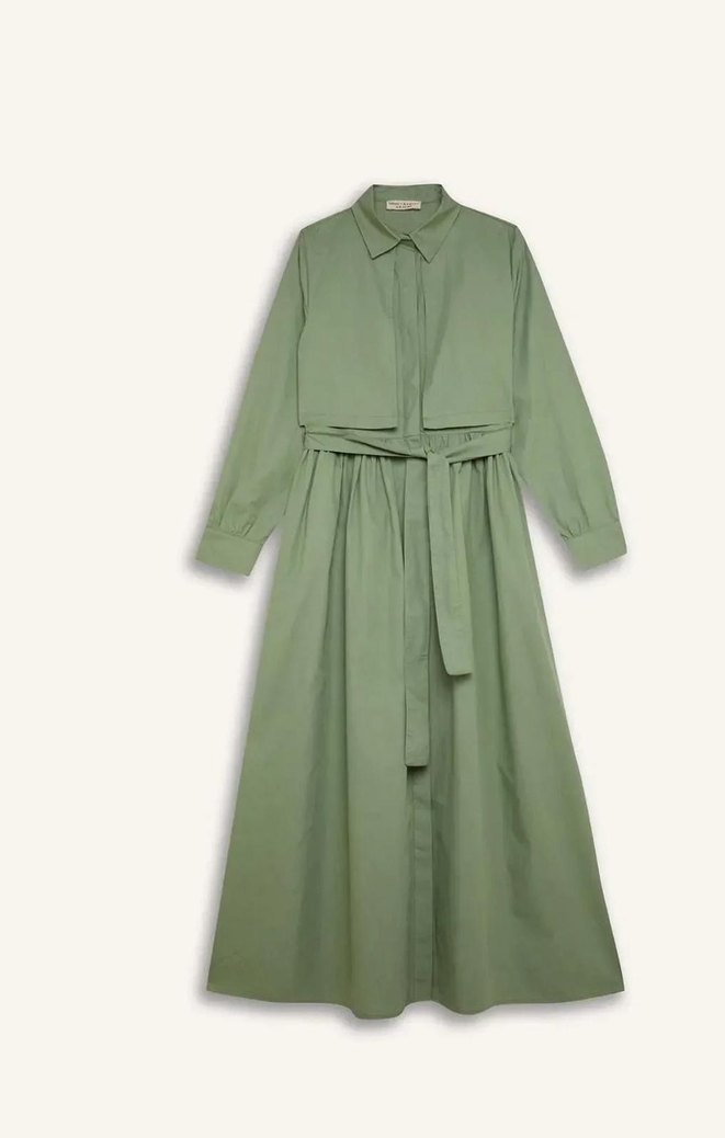 Kemerli Uzun Kollu Haki Elbise - Görsel 5