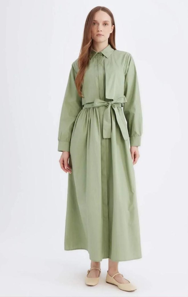 Kemerli Uzun Kollu Haki Elbise - Görsel 2