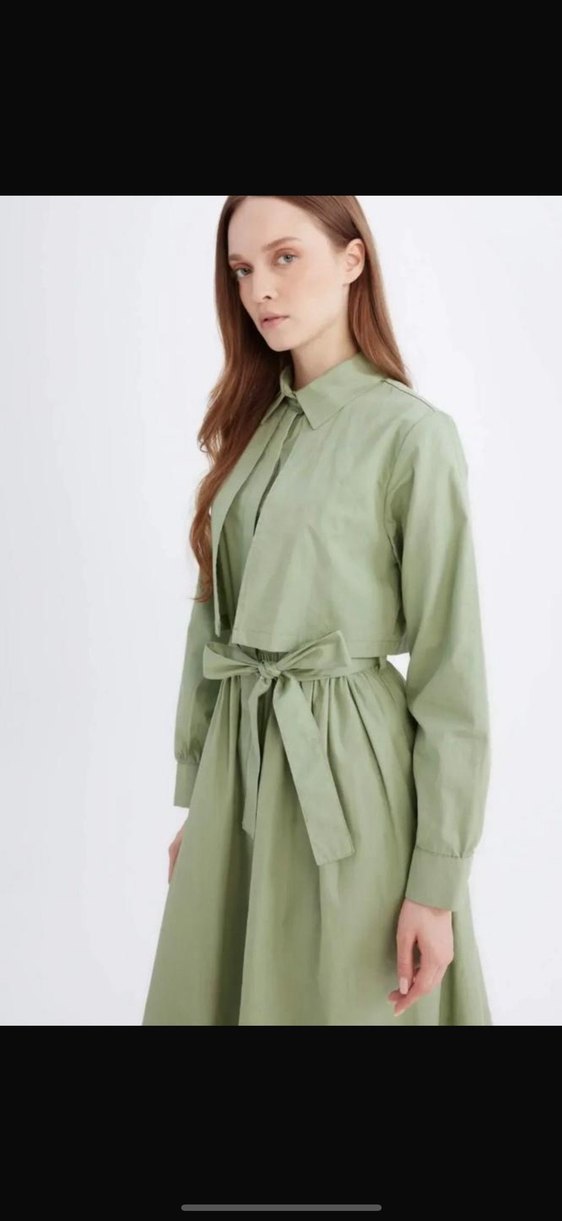 Kemerli Uzun Kollu Haki Elbise - Görsel 3