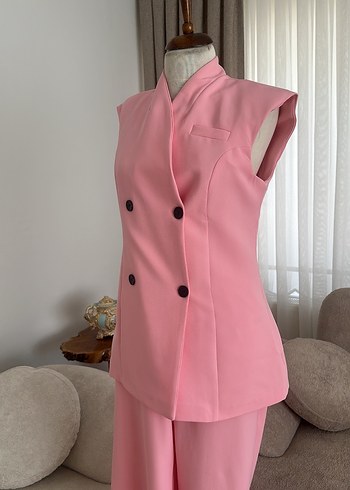 universal Beden pembe Renk Pembe Kolsuz Mini Kadın Blazer