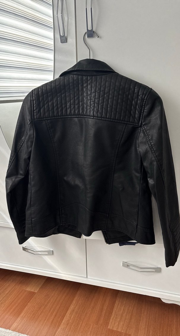 Siyah Deri Biker Ceket, Fermuarlı, İnce Kesim - Görsel 2