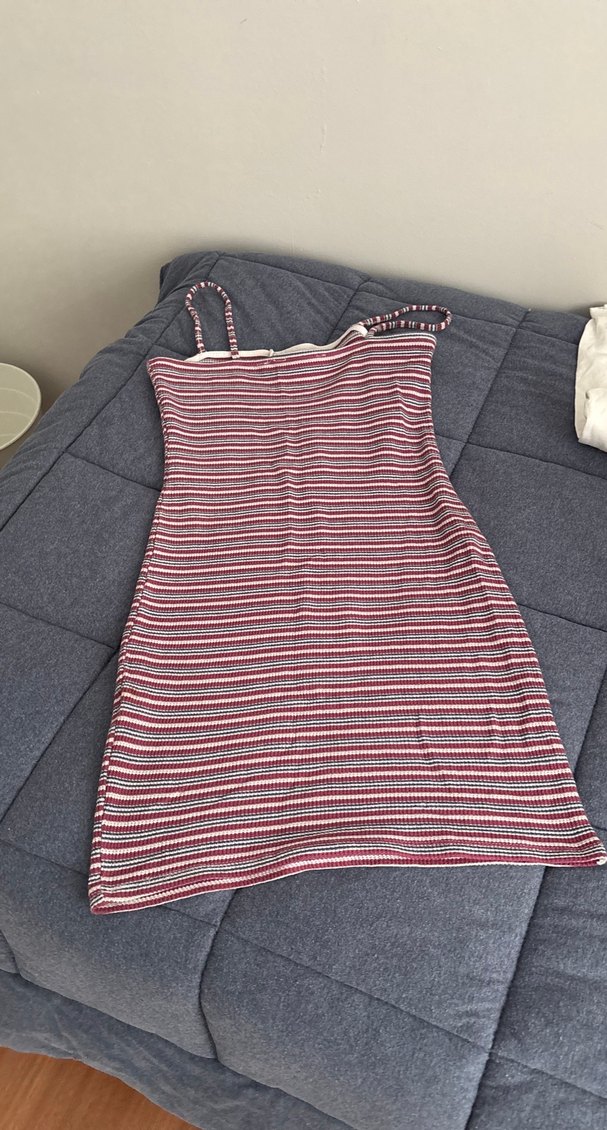 Çizgili Kırmızı Gri Triko Mini Elbise - Görsel 2