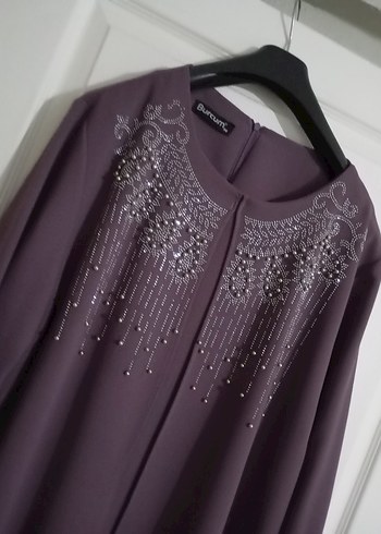 İnci İşlemeli Mor Uzun Kollu Elbise - Görsel 2