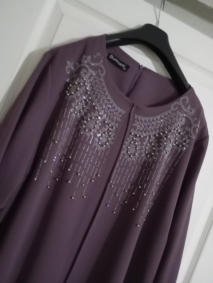 İnci İşlemeli Mor Uzun Kollu Elbise - Görsel 2