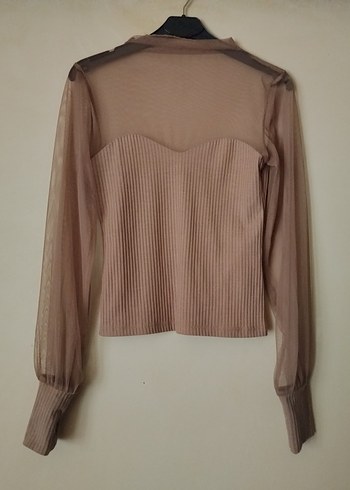 Bej Pilili Uzun Kollu Yüksek Yaka Bluz - Görsel 2