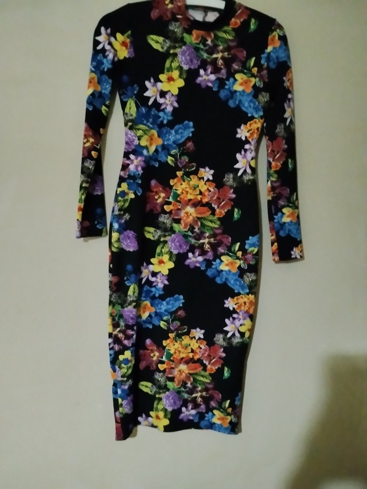 Çiçek Desenli Uzun Kollu V Yaka Elbise - Görsel 3