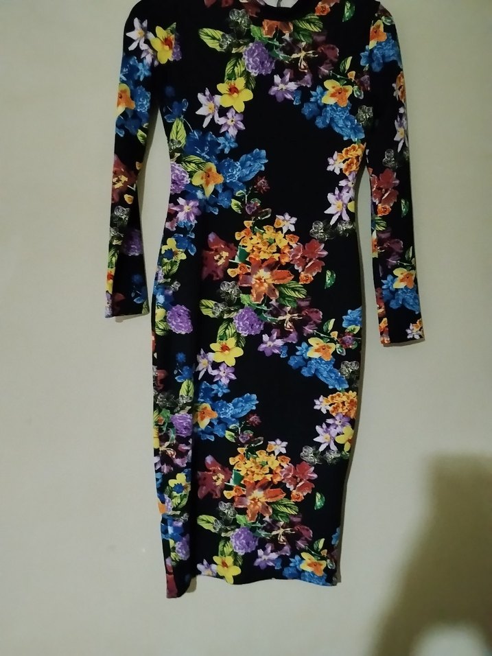 Çiçek Desenli Uzun Kollu V Yaka Elbise - Görsel 2