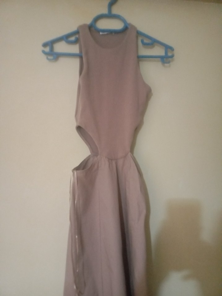 Bej Drapeli Uzun Kadın Elbise - Görsel 2