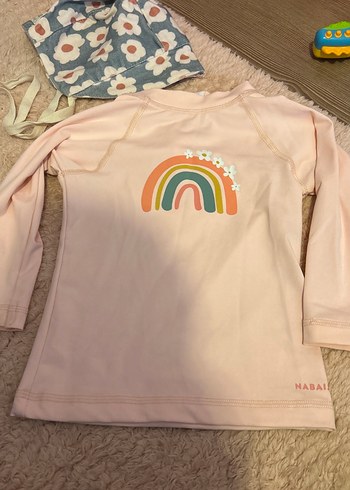 Uzun Kollu Pembe 50 spf güneş korumalı mayo üst ve şapka - Görsel 2