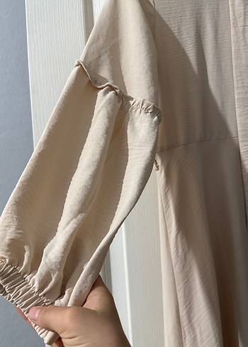 Bej Uzun Keten Elbise Fırfır Detaylı - Görsel 2