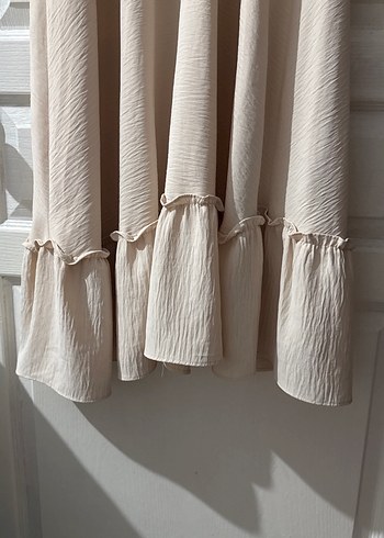 Bej Uzun Keten Elbise Fırfır Detaylı - Görsel 4