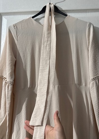 Bej Uzun Keten Elbise Fırfır Detaylı - Görsel 3