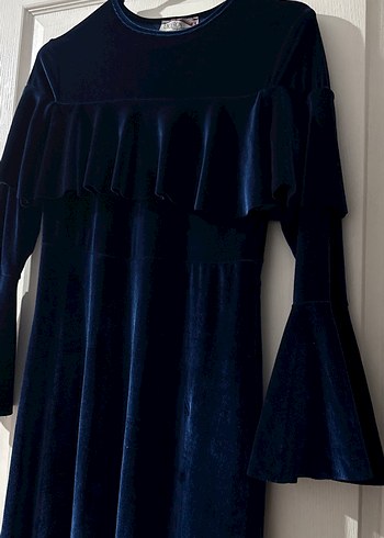 Lacivert Uzun Kollu Pilili Kadın Elbise - Görsel 2