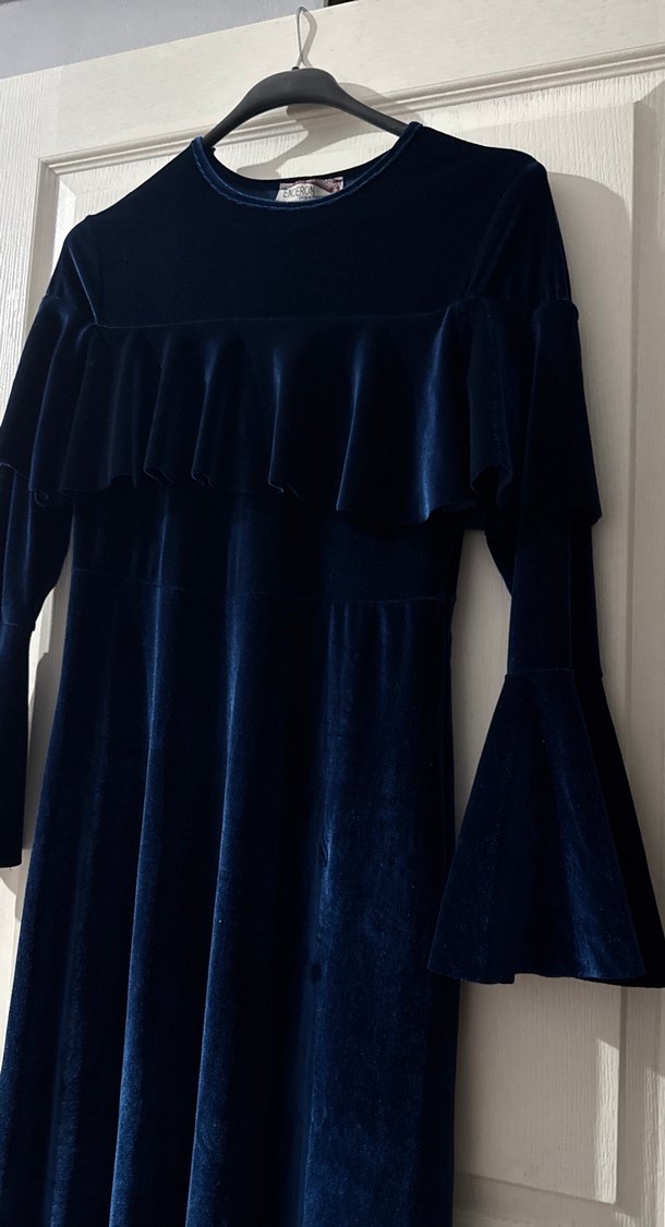 Lacivert Uzun Kollu Pilili Kadın Elbise - Görsel 2