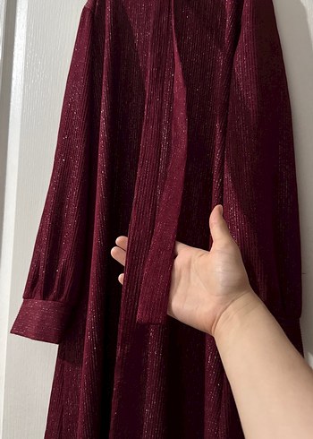 Bordo Uzun Kol Drapeli Keten Elbise - Görsel 3
