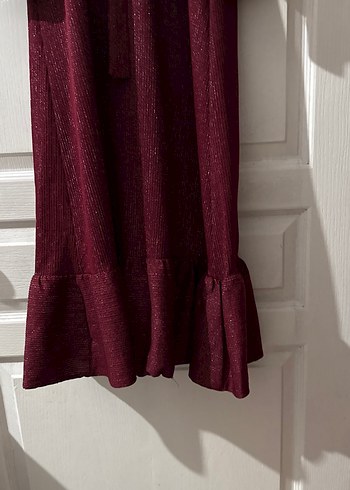 Bordo Uzun Kol Drapeli Keten Elbise - Görsel 2