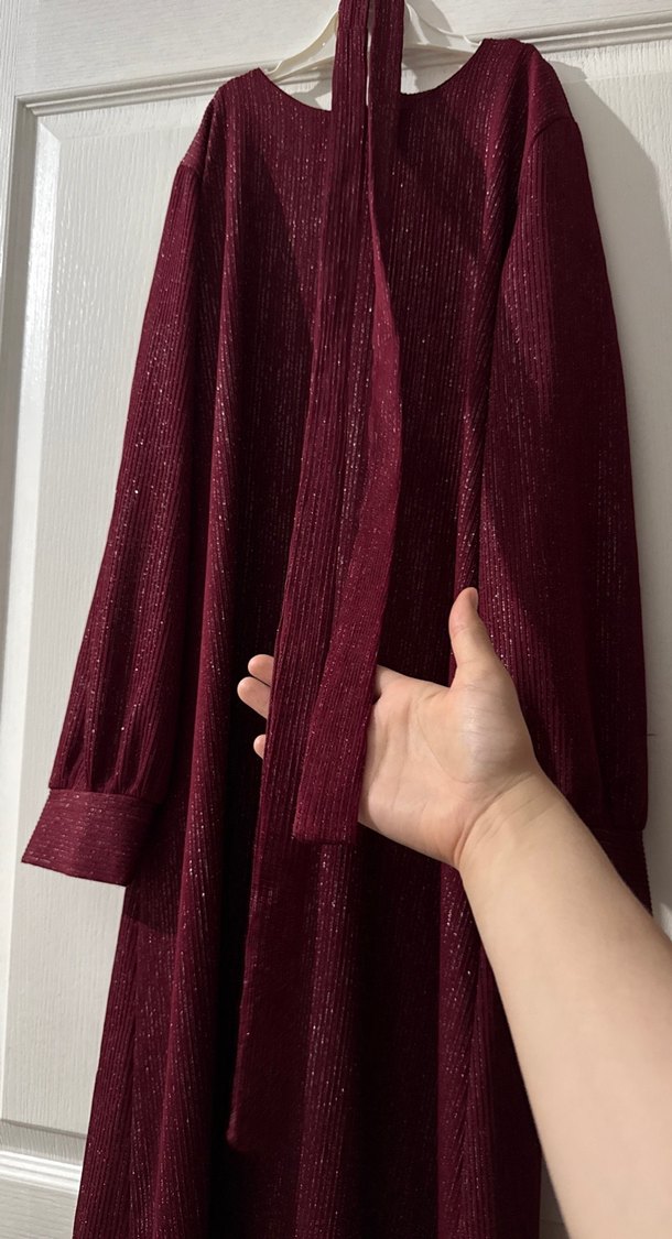 Bordo Uzun Kol Drapeli Keten Elbise - Görsel 3