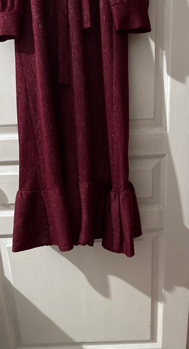 Bordo Uzun Kol Drapeli Keten Elbise - Görsel 2