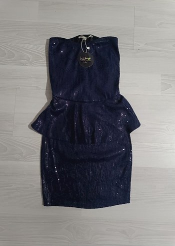 Lacivert Mini Straplez Kemerli Abiye Elbise