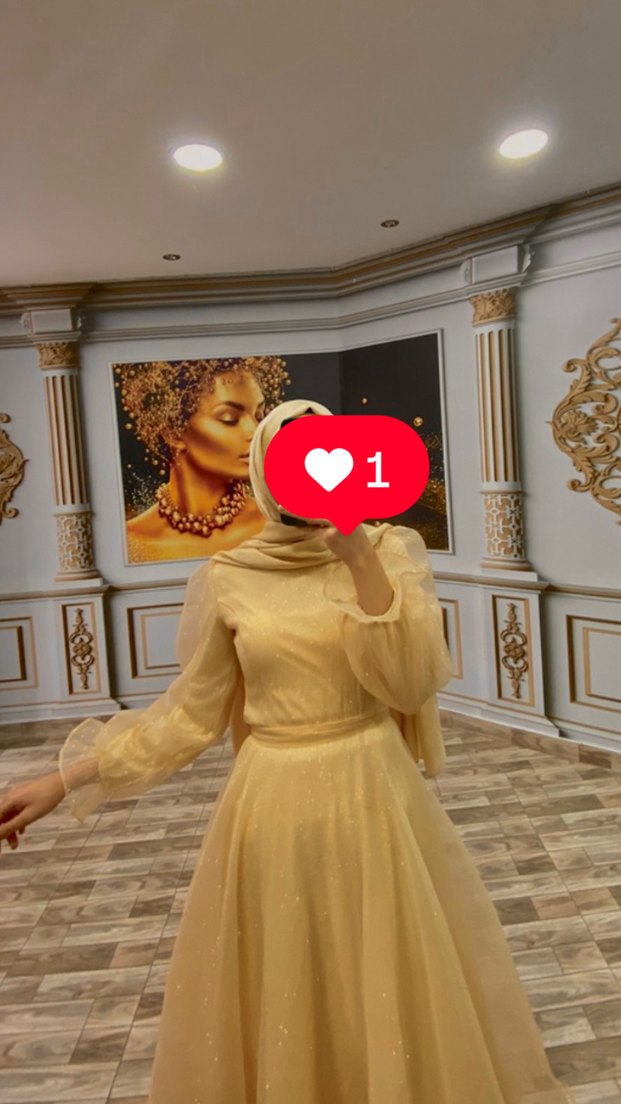 Altın Renk Drapeli Uzun Kollu Abiye Elbise - Görsel 2