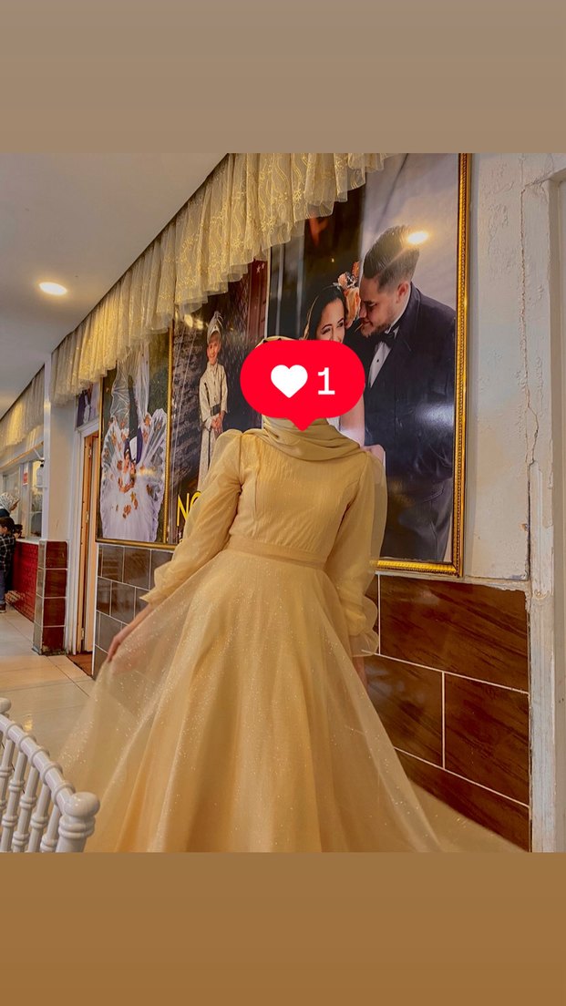 Altın Renk Drapeli Uzun Kollu Abiye Elbise - Görsel 4