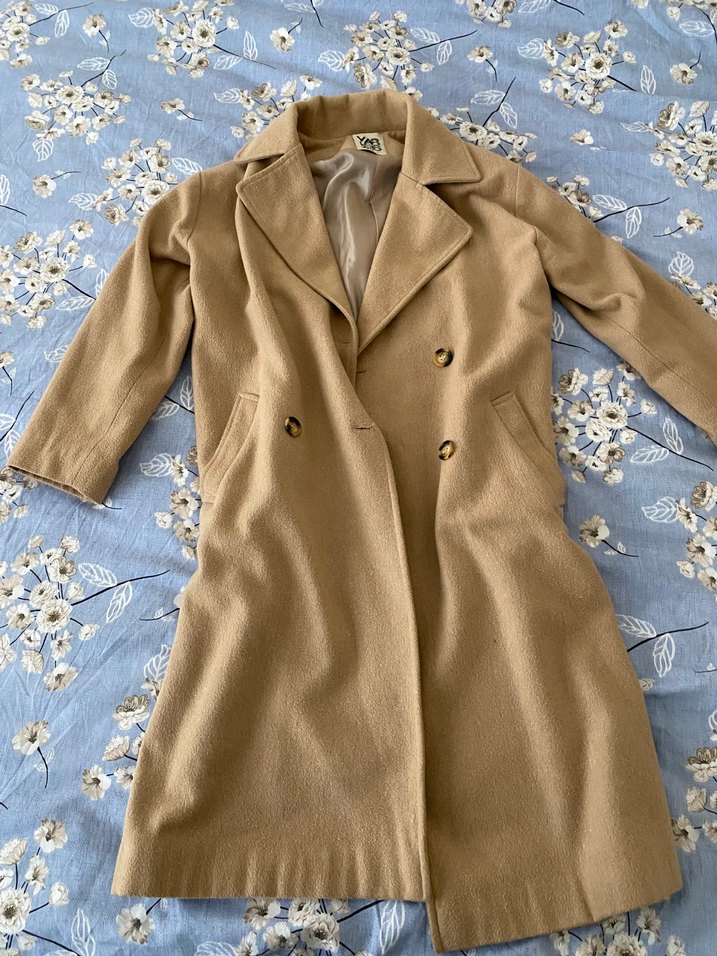 Bej Klasik Kesim Kadın Uzun Keten Kaban - Görsel 2