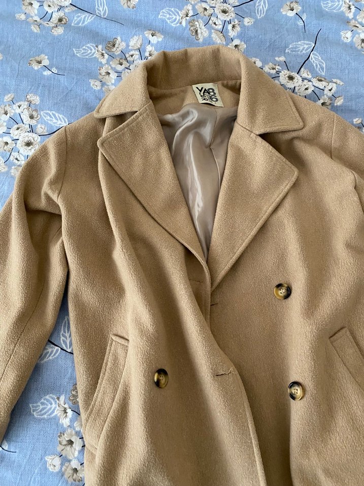 Bej Klasik Kesim Kadın Uzun Keten Kaban - Görsel 3