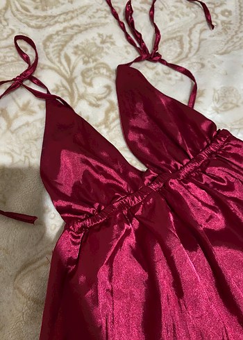 Bordo Parlak Midi Elbise V Yakalı Askılı - Görsel 3