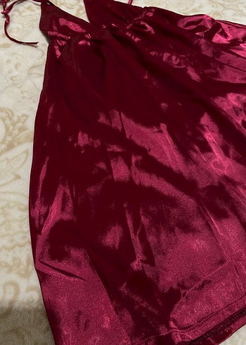 Bordo Parlak Midi Elbise V Yakalı Askılı - Görsel 2