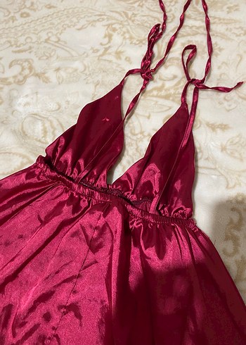 Bordo Parlak Midi Elbise V Yakalı Askılı - Görsel 4