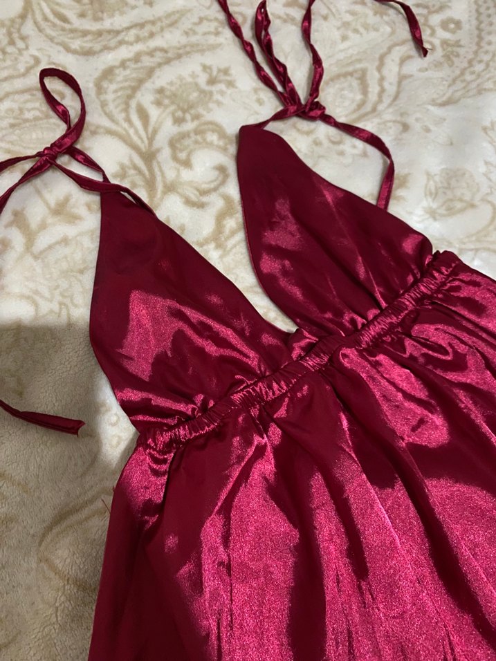 Bordo Parlak Midi Elbise V Yakalı Askılı - Görsel 3