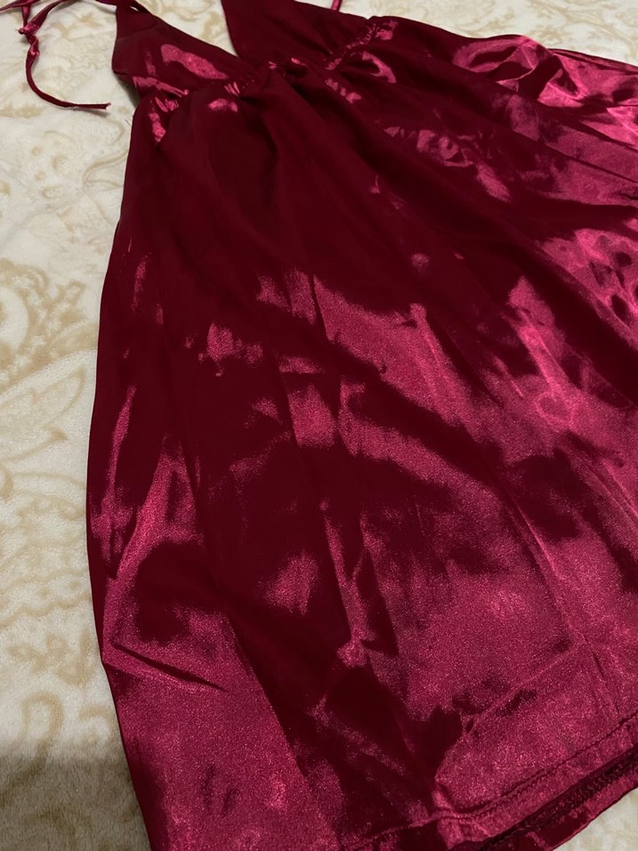 Bordo Parlak Midi Elbise V Yakalı Askılı - Görsel 2