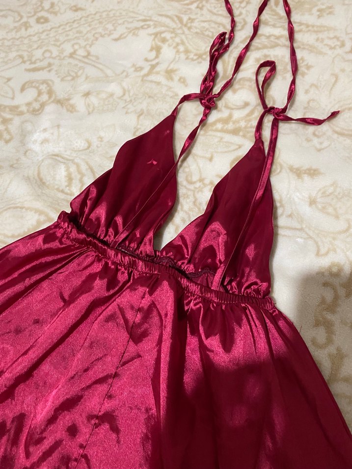 Bordo Parlak Midi Elbise V Yakalı Askılı - Görsel 4