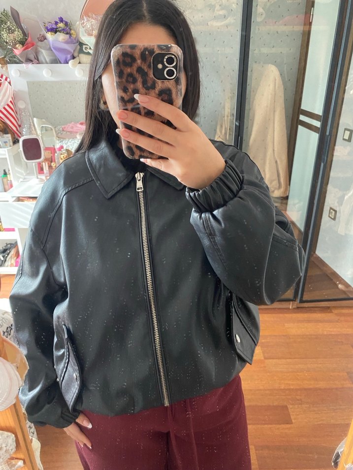 Siyah Deri Fermuarlı Kadın Ceket - Görsel 5
