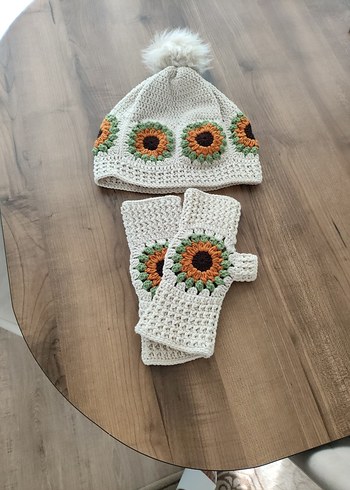 Krem Örgü Bohem Kadın Eldiven ve bere