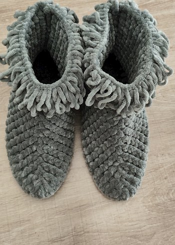 Gri Örgü Kadın Dolgu Topuk Ev Terliği