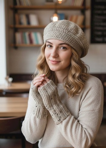 Bej Örgü Parmaksız Eldiven ve bere takım - Görsel 7