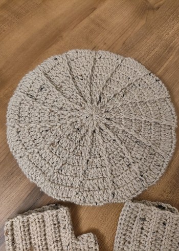 Bej Örgü Parmaksız Eldiven ve bere takım - Görsel 5