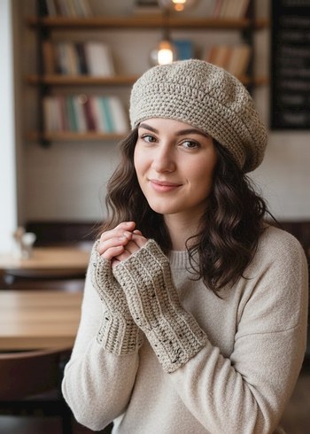 Bej Örgü Parmaksız Eldiven ve bere takım - Görsel 6