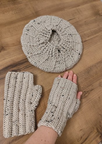 Bej Örgü Parmaksız Eldiven ve bere takım - Görsel 2