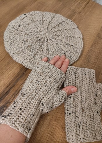 Bej Örgü Parmaksız Eldiven ve bere takım - Görsel 3