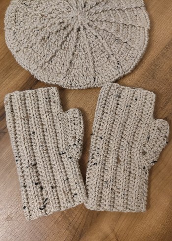 Bej Örgü Parmaksız Eldiven ve bere takım - Görsel 4