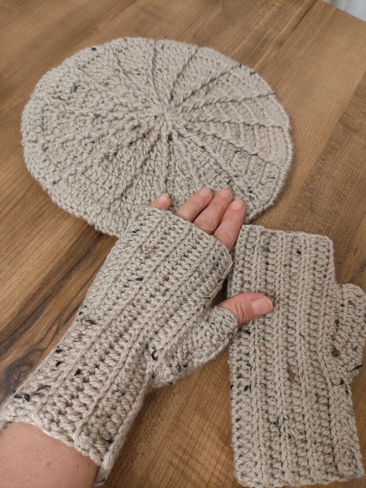 Bej Örgü Parmaksız Eldiven ve bere takım - Görsel 3